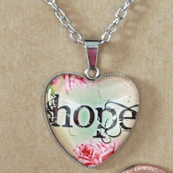 Jewelry - NWOT Hope Heart Shaped Glass Dome Pendant Necklace with Chain